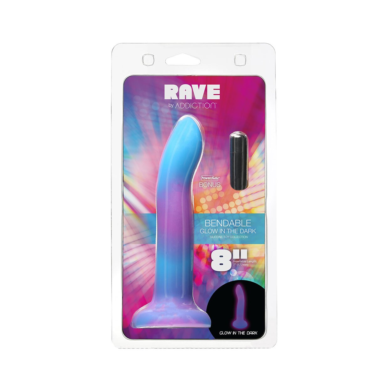 Addiction Glow in the Dark Rave Dil 8 quot Purple Blue dildo made by BMS on sale at herVibrators.com