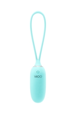Turquoise VeDO vibrator Kiwi shown in hand for scale