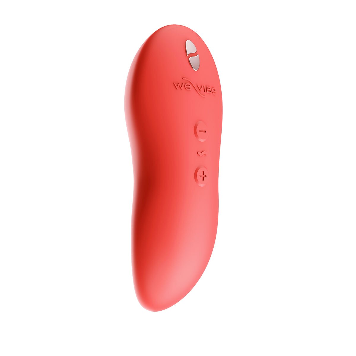 Coral We-Vibe vibrator Touch X Crave shown in hand for scale