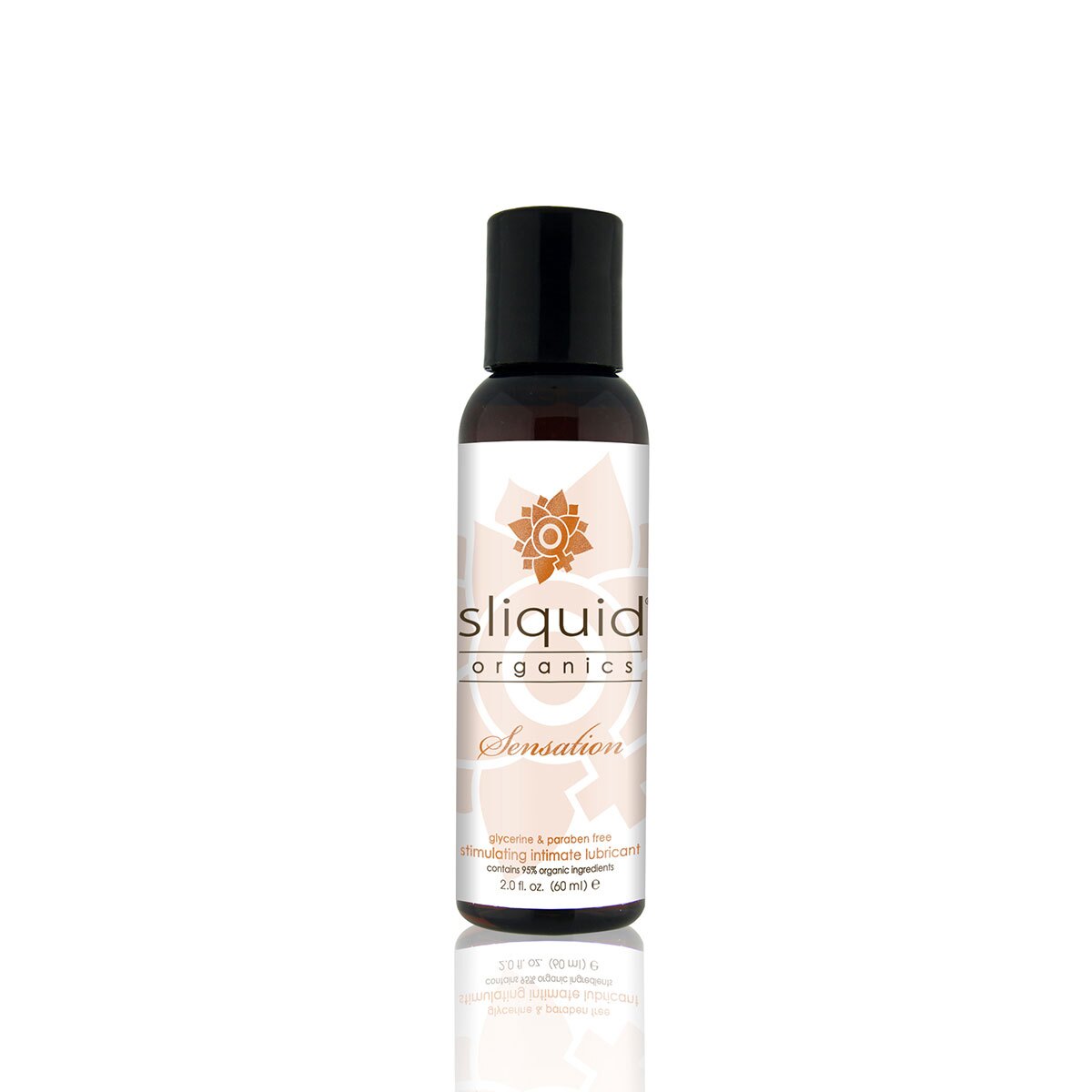 Bottle of 2 oz Vegan Lube Sliquid showing plant-powered formula