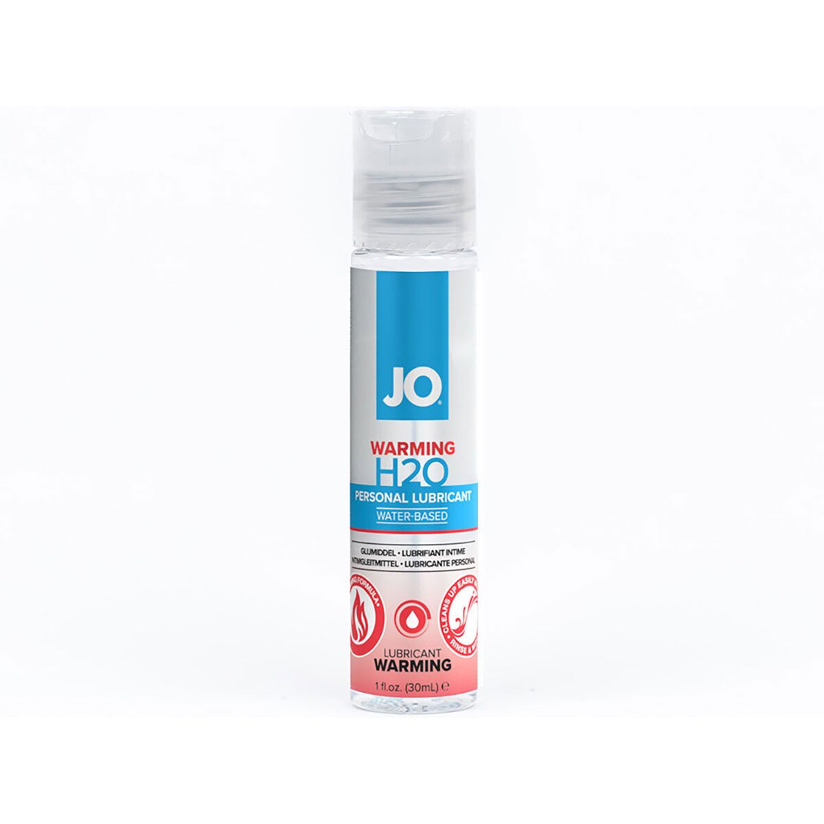 Bottle of  Water Based Lube System JO showing clean, lightweight formula