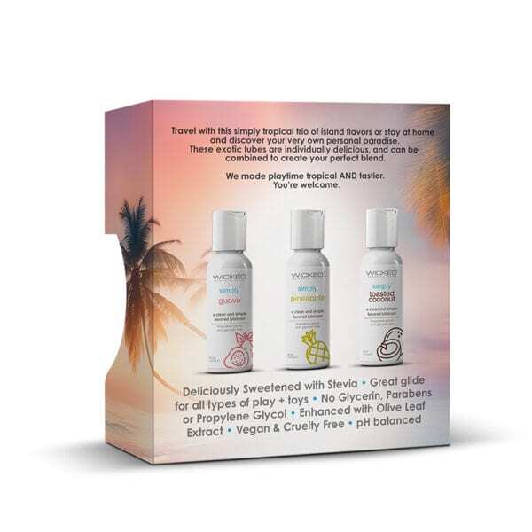 Buy and try Wicked Aqua Simply Tropical Trio Guava, Pineapple, Toasted Coconut 1oz water based lubricant by Wicked Sensual Care for your next sexual encounter with her.