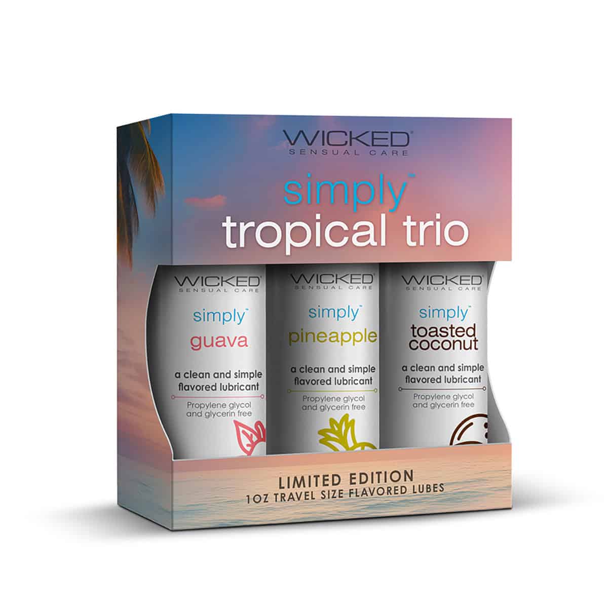 Buy and try Wicked Aqua Simply Tropical Trio Guava, Pineapple, Toasted Coconut 1oz water based lubricant by Wicked Sensual Care for your next sexual encounter with her.