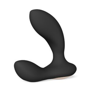 Black LELO vibrator Hugo 2 shown in hand for scale