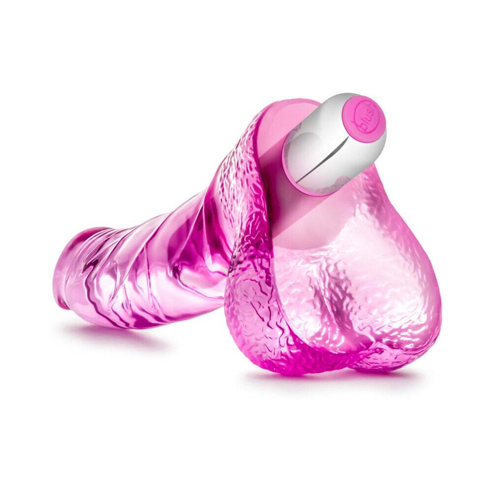 6.5 inch Dildo by Blush in Hot Pink Magenta Fuchsia shown for pegging Her or Him