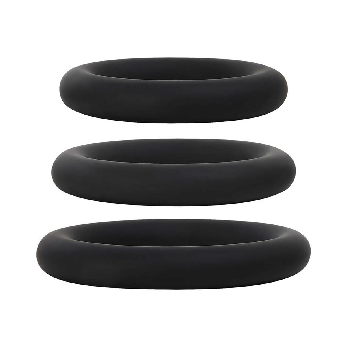E Silicone Penis Ring Set shown in hand for scale