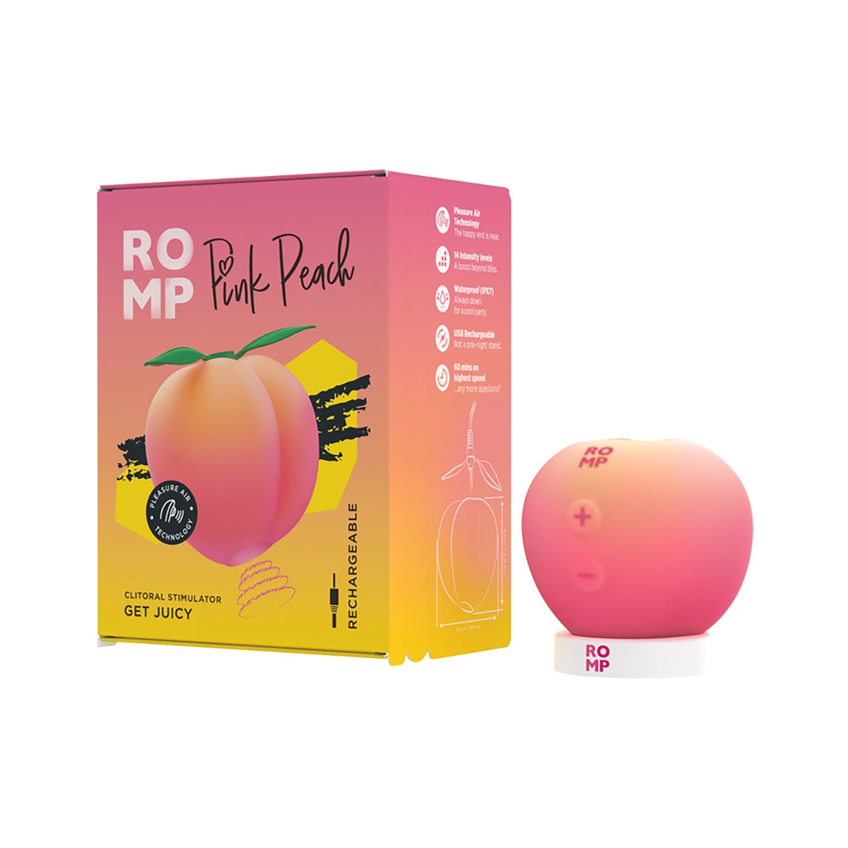 Peach romp vibrator  shown in hand for scale