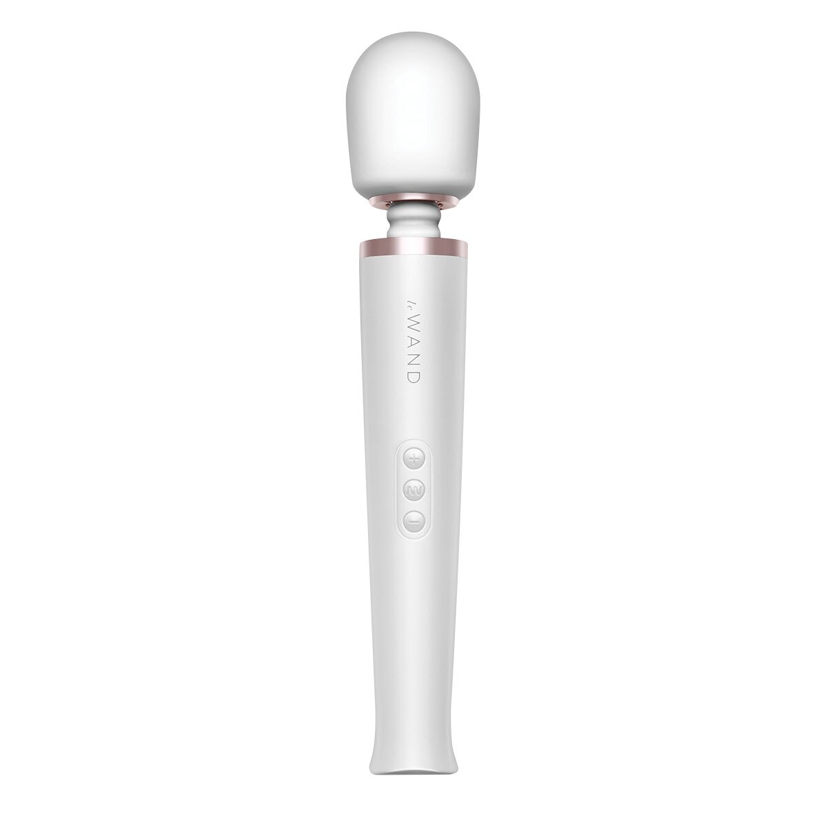 White Le Wand vibrator Pearl shown in hand for scale