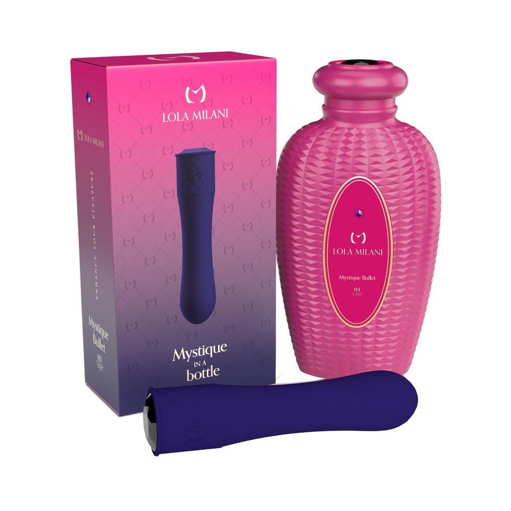 Purple Lola Milani vibrator Mystique Dark shown in hand for scale