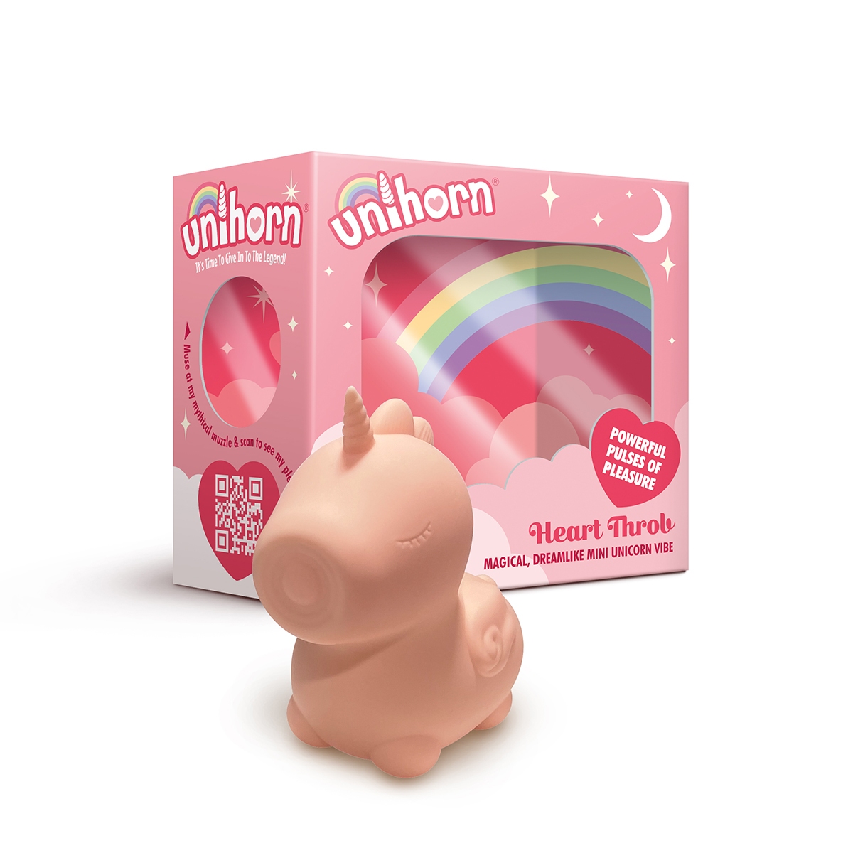Pink Creative Conceptions vibrator Unihorn Heart Throb shown in hand for scale