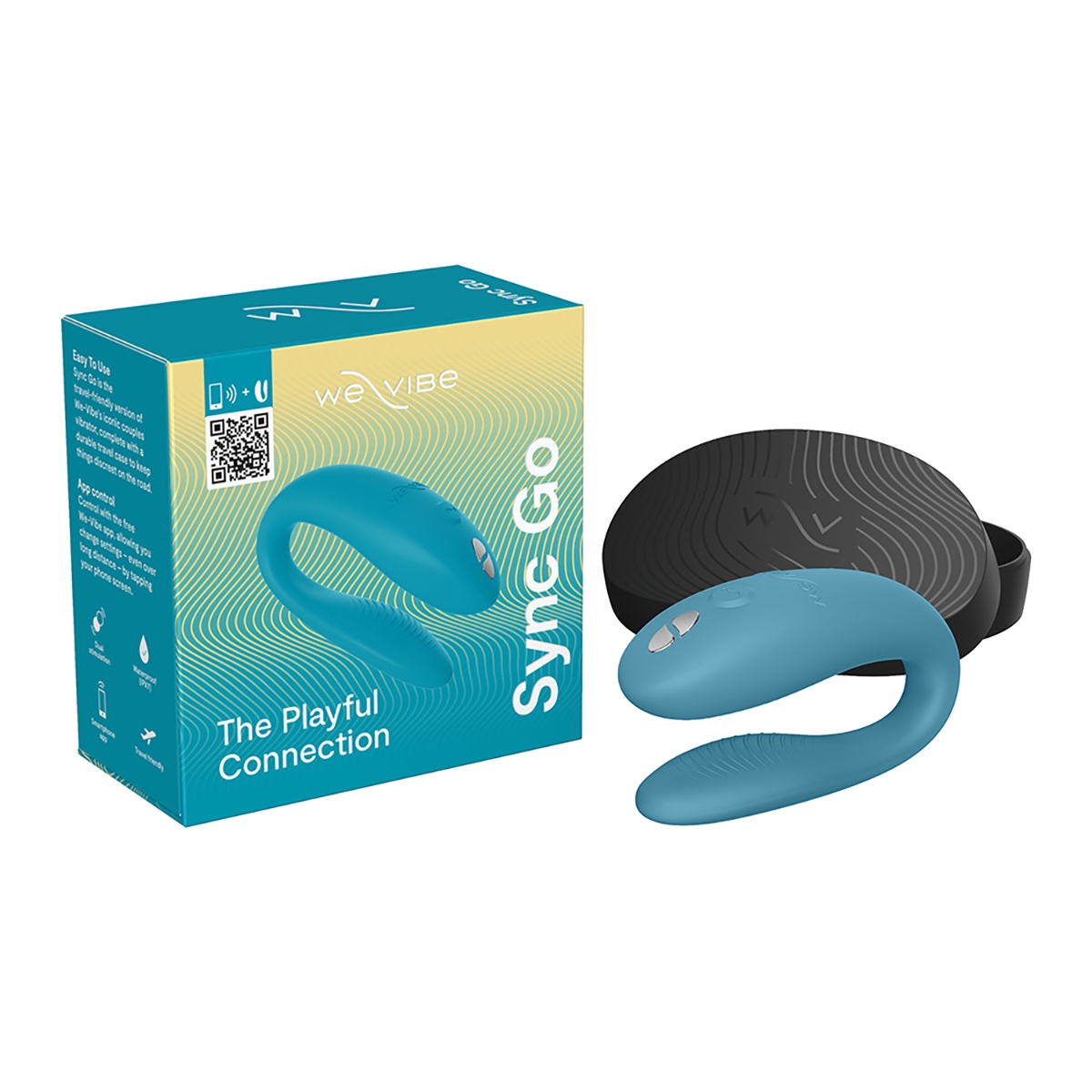 Turquoise We-Vibe vibrator Sync Go shown in hand for scale