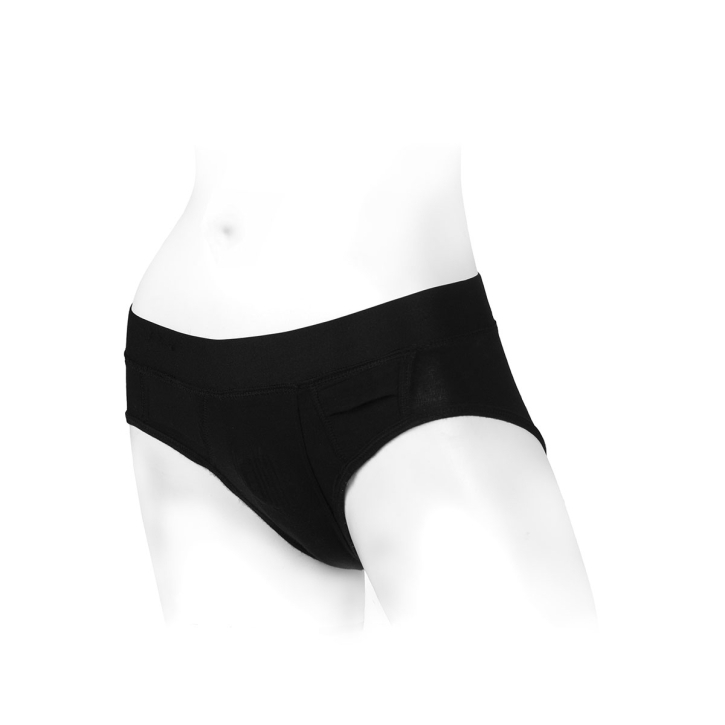 This L Tomboi Rayon Brief Harness Dildo Black Size model features a sophisticated fit engineered for secure, comfortable wear