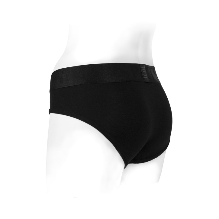 The XL Tomboi Rayon Brief Harness Dildo Black Size harness dildo is styled with modern detailing that enhances both aesthetics and performance