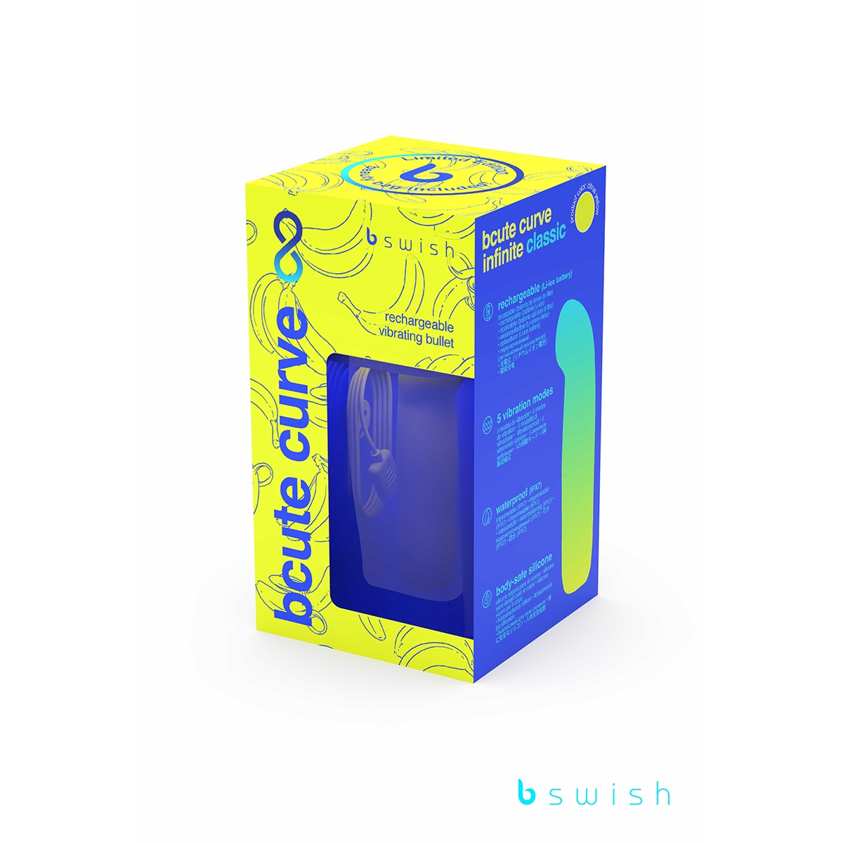 Angled view of the Yellow B Swish vibrator designed for intimate use