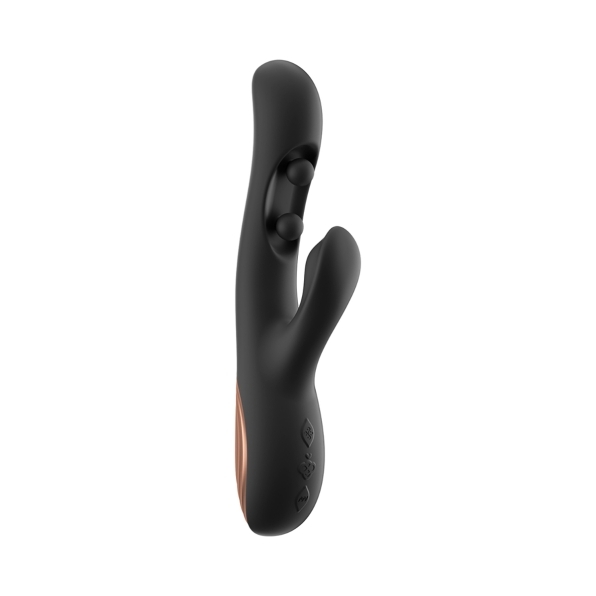 Black Honey Play Box vibrator Gem Pressure Sensing App-Controlled Twin Balls Rabbit shown in hand for scale