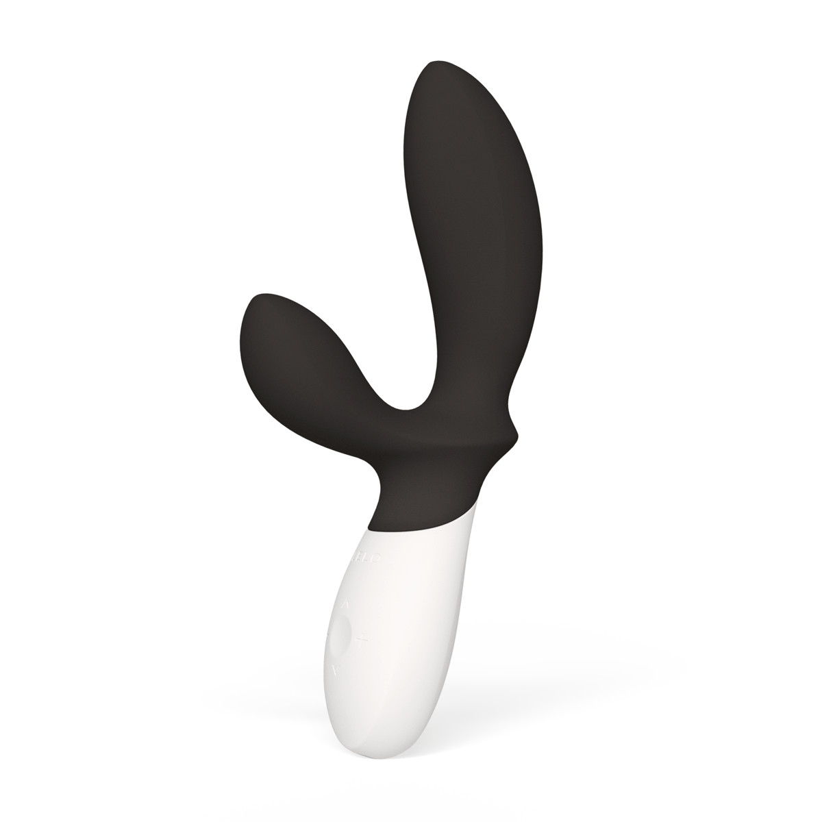 Black LELO vibrator Loki Wave 2 shown in hand for scale