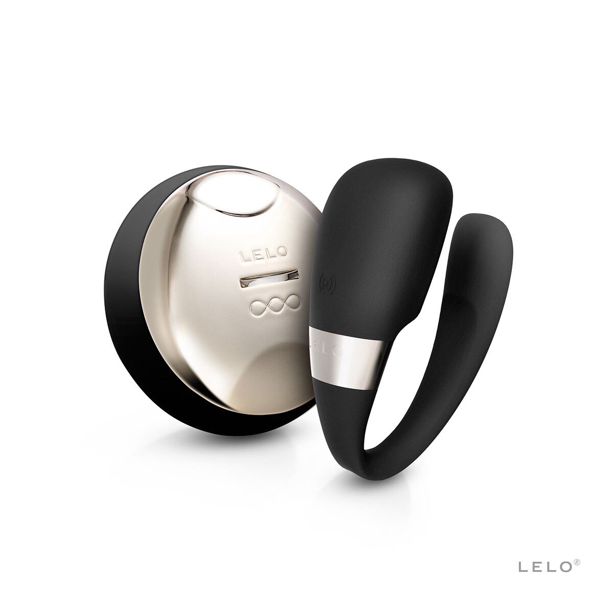 Black LELO vibrator Tiani 3 shown in hand for scale