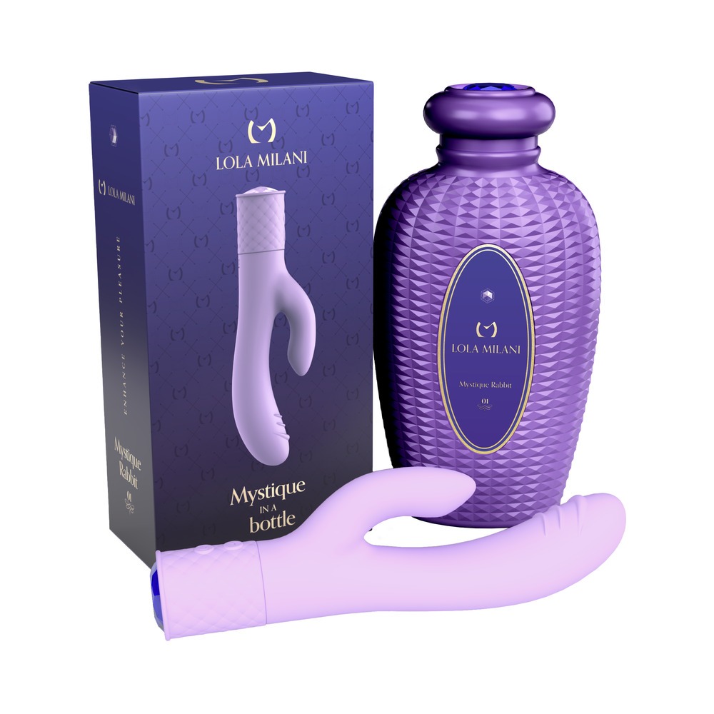 Lola Milani vibrator Mystique Rabbit Lilac shown in hand for scale