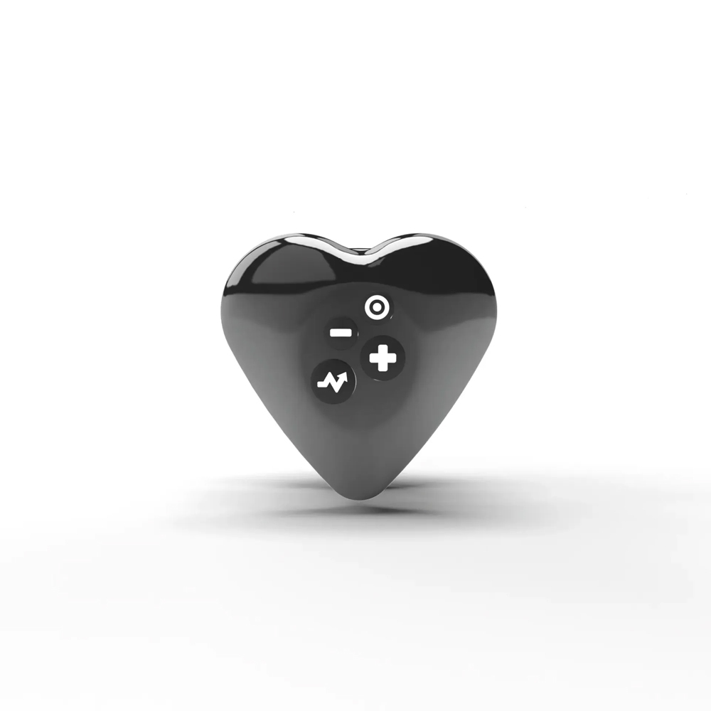 Black Mystim vibrator Heart's Desire eStim Lay On shown in hand for scale
