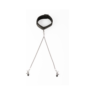 Creative Conceptions vibrator SEI MIO Twin Tweaks Velvet Collar with Nipple Clamps shown in hand for scale