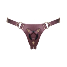 Strap-On-Me vibrator Leatherette Harness Generous One Size Aubergine shown in hand for scale