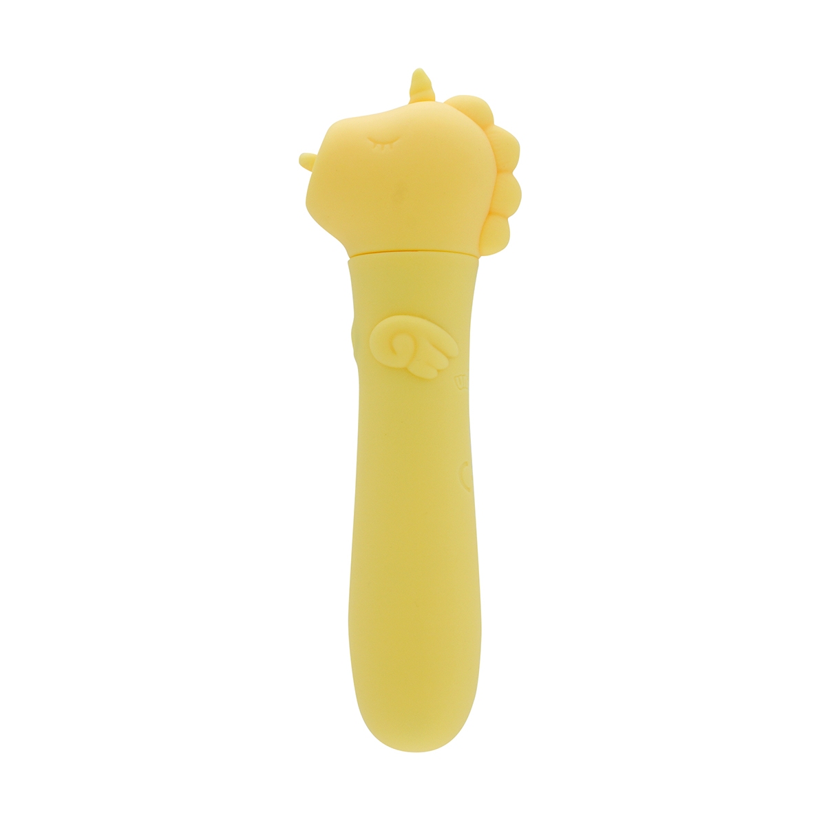 Yellow Creative Conceptions vibrator Unihorn USB Bean Blossom shown in hand for scale