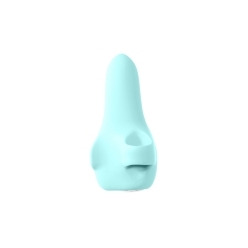 Turquoise VeDO vibrator Fini shown in hand for scale