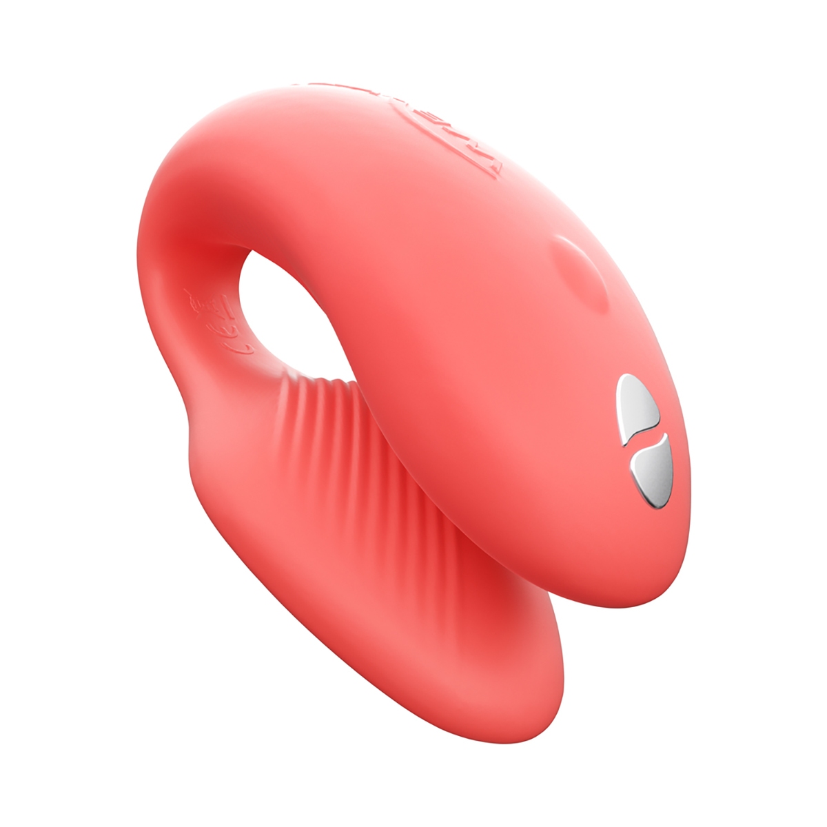 Coral We-Vibe vibrator Chorus Couples Crave shown in hand for scale