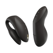 Black we-vibe vibrator chorus pro satin shown in hand for scale
