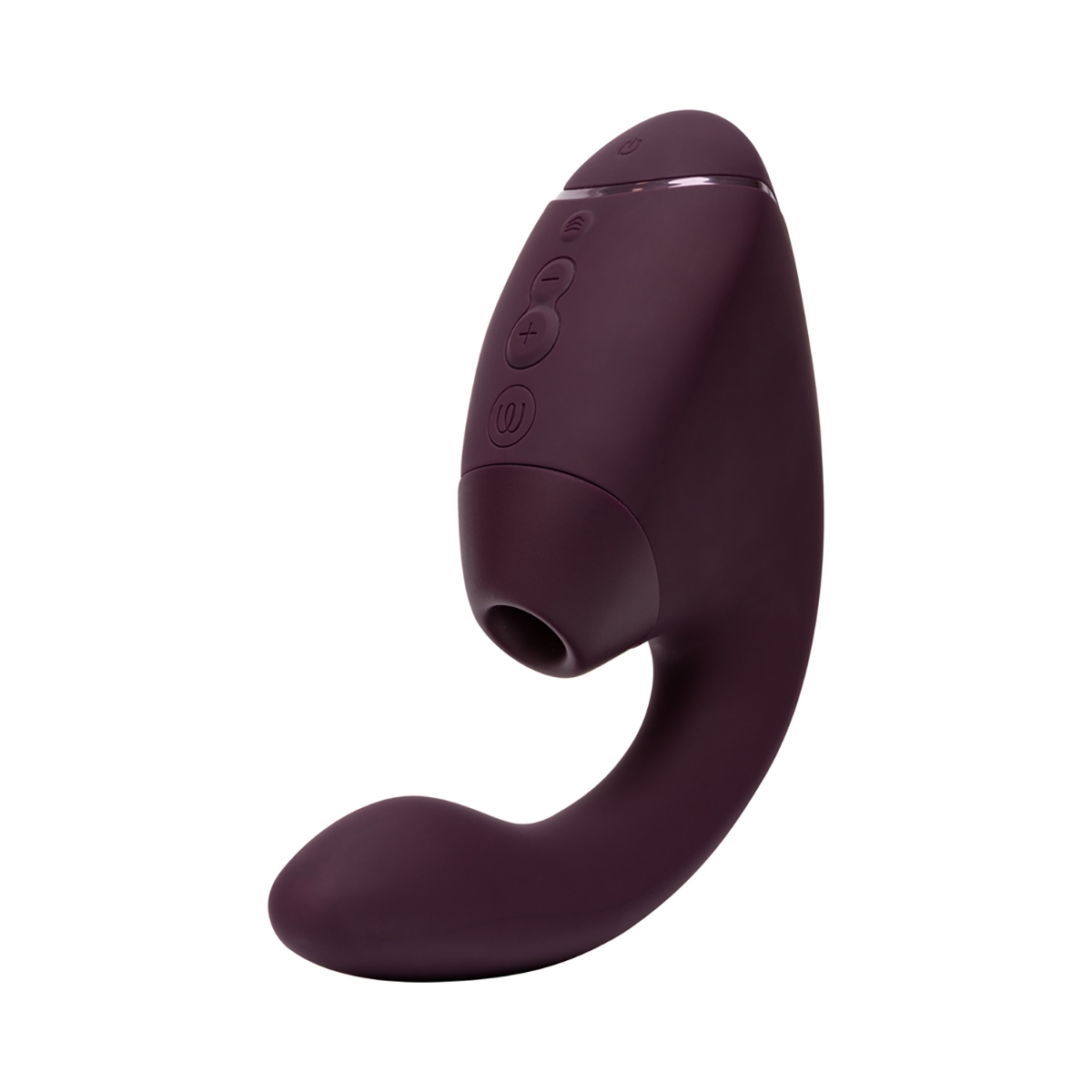 Purple Womanizer vibrator Next Duo Dark shown in hand for scale