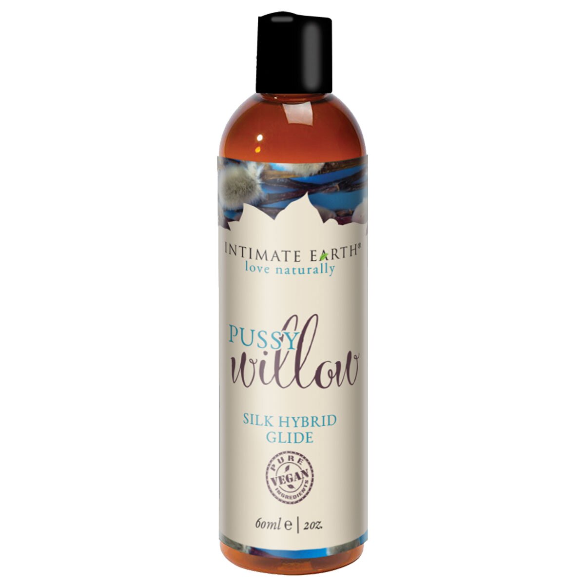 Bottle of 2 oz Vegan Lube Intimate Earth showing plant-powered formula