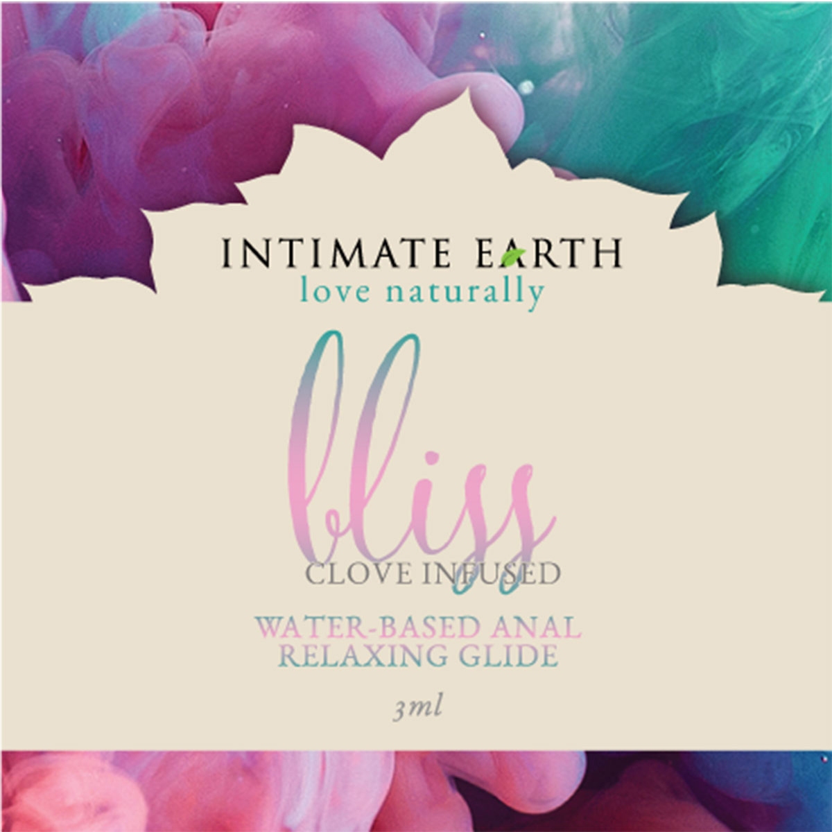 Bottle of 3 ml Water Based Lube Intimate Earth showing clean, lightweight formula