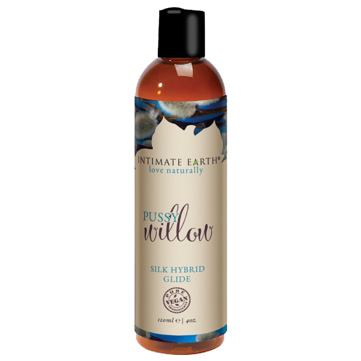 Bottle of 4 oz Vegan Lube Intimate Earth showing plant-powered formula