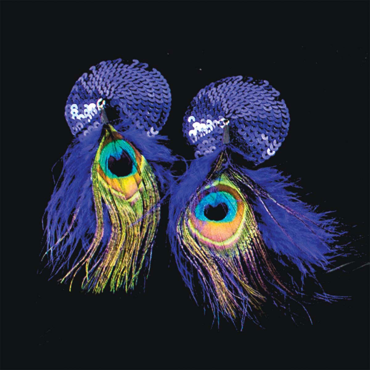 Wearing Round Blue Sequin w Feathers nipples covers by Bijoux de Nip can be fun and sexy!