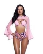 Light Pink Mesh Bell Sleeve Rave Shrug with sheer mesh and dramatic bell sleeves and festival-ready styling.