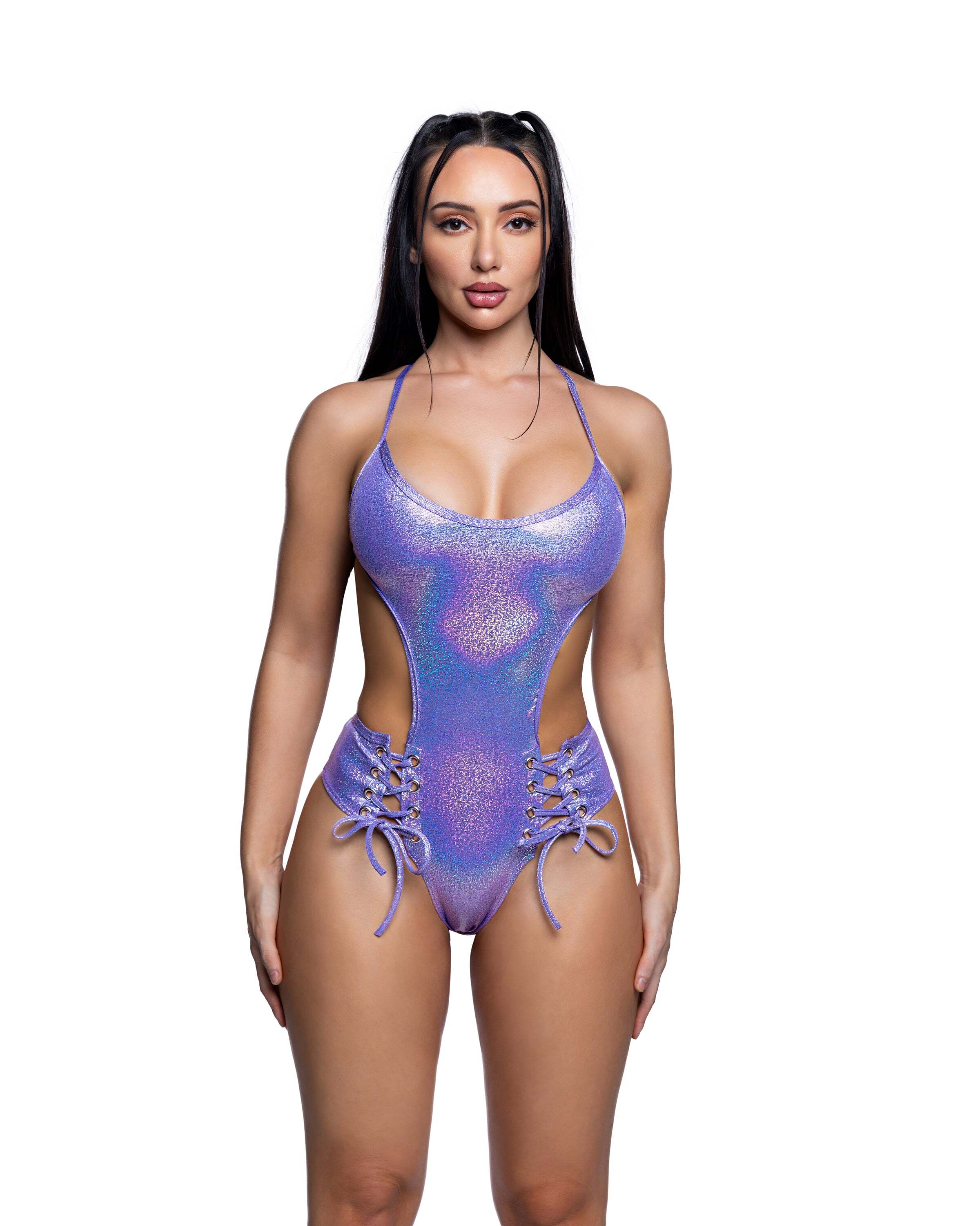 Lavender Lace-Up Rave Bodysuit with a sleek one-piece silhouette and bold lace-up detail and festival-ready styling.