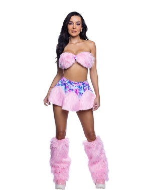 Light Pink Pastel Furry Skirt + Tube Top Rave Outfit with plush faux-fur texture