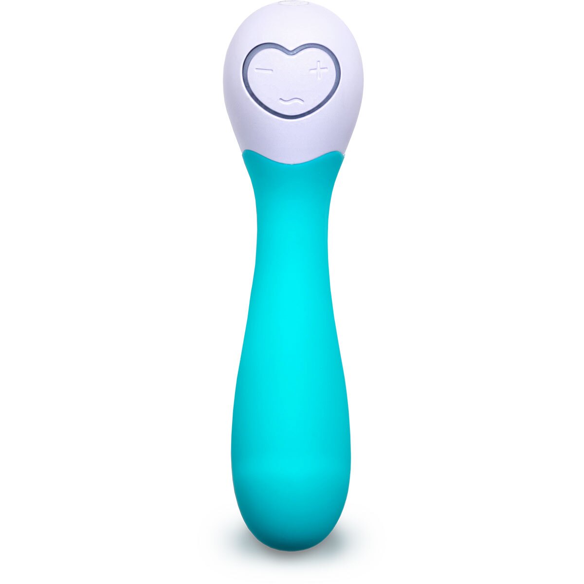Turquoise OhMiBod vibrator Lovelife Cuddle Mini shown in hand for scale