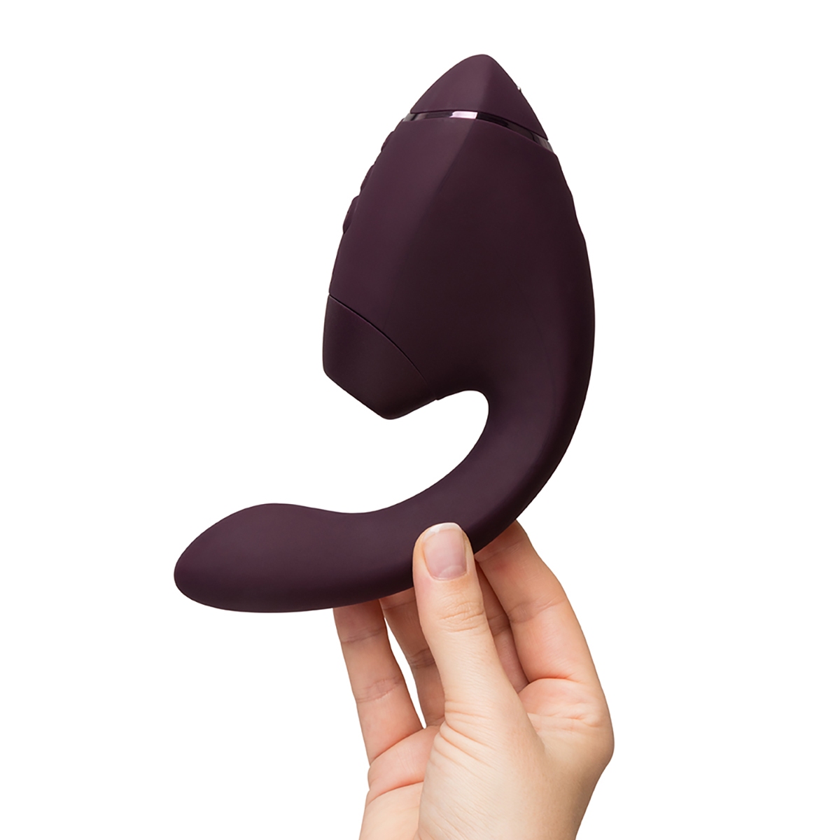 Angled view of the Purple Womanizer vibrator designed for intimate use