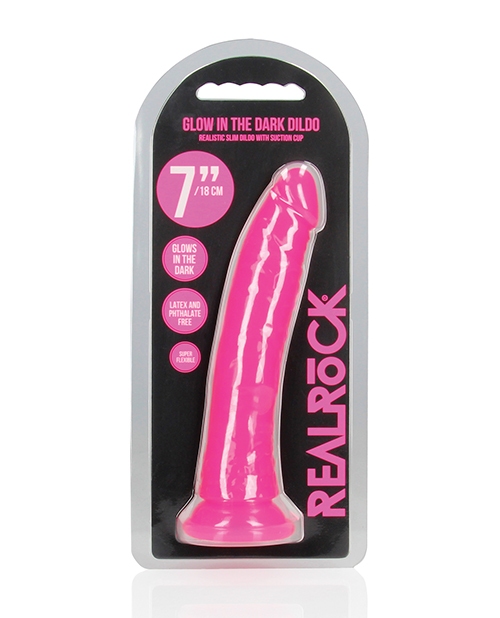Shop Shots RealRock 7" Slim Dildo Glow in the Dark - Neon Pink online