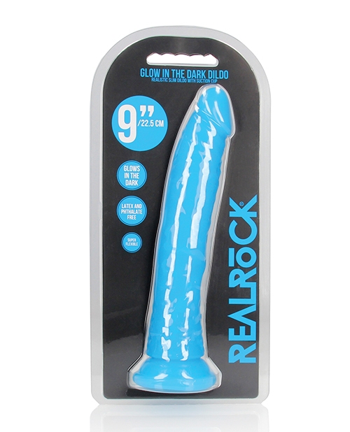 Shop Shots RealRock 9" Slim Dildo Glow in the Dark - Neon Blue online
