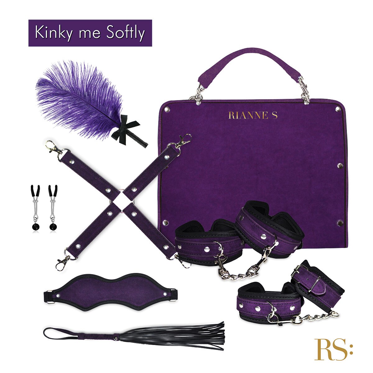 Rianne S Kinky Me Softly Bondage Kit Purple luxury blindfold for adult sensory play