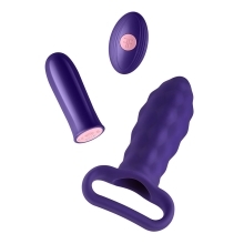 Femme Funn vibrator Versa P Sleeve and shown in hand for scale
