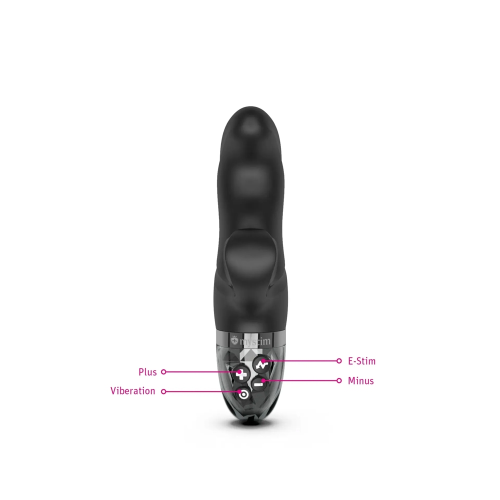 Angled view of the Black Mystim vibrator designed for intimate use