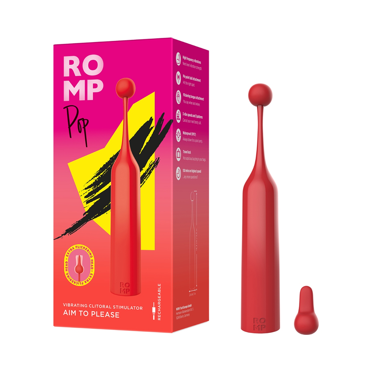 Angled view of the  ROMP vibrator designed for intimate use