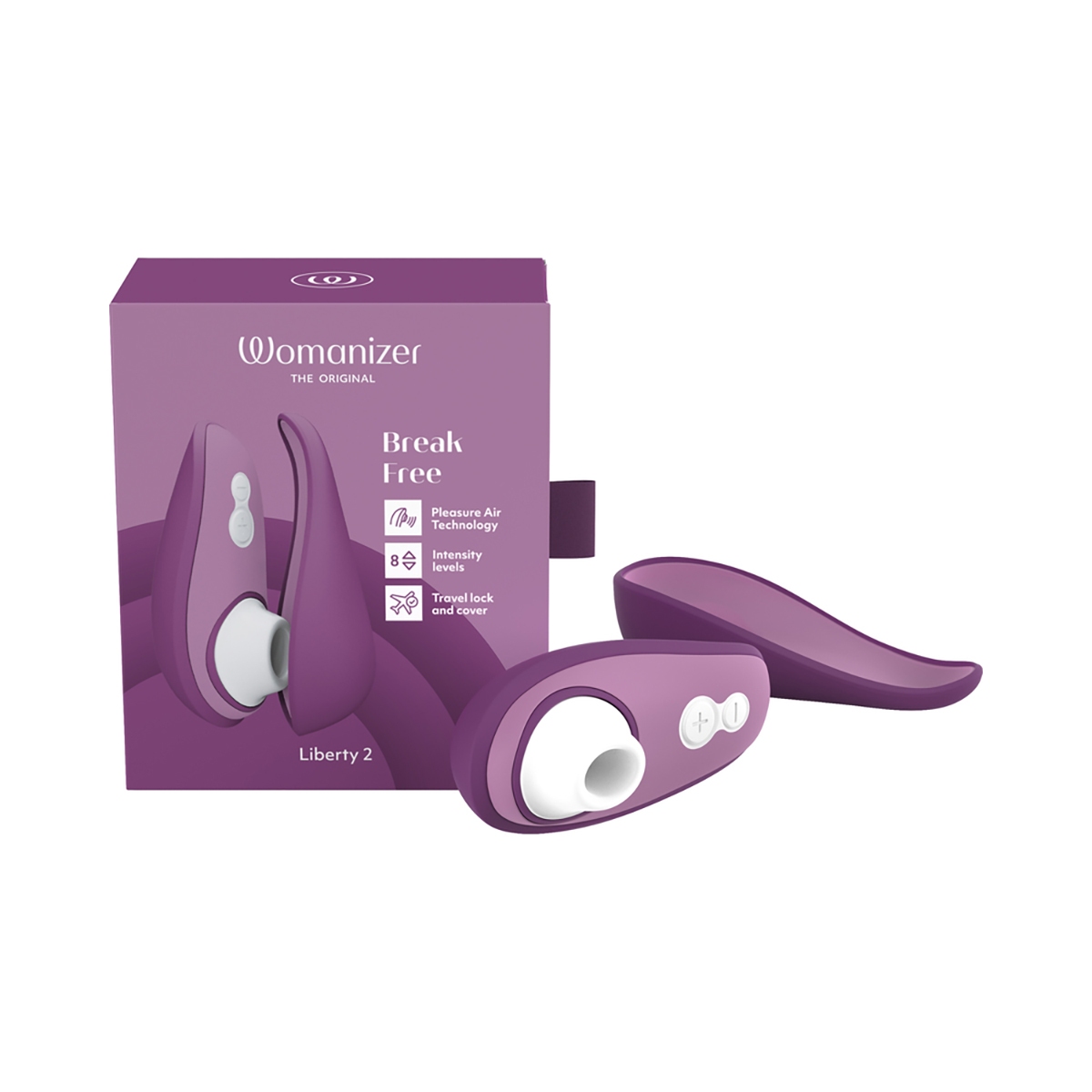 Purple Womanizer vibrator positioned upright for display