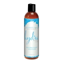 Bottle of 4 oz Water Based Lube Intimate Earth showing clean, lightweight formula