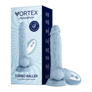 8.25 inch Dildo FemmeFunn Blue Vortex Turbo Baller 2 0 Vibrating Rotating Light
