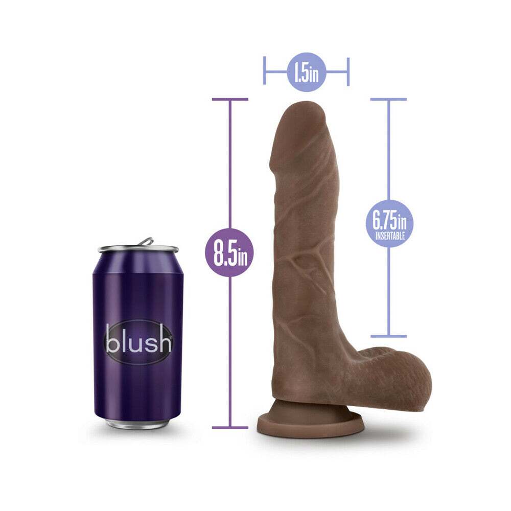 8.5 inch Dildo by Blush in Dark Brown displayed for pegging Him or Her