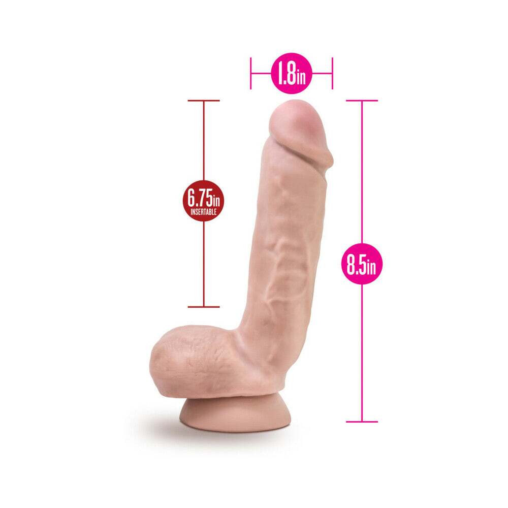 8.5 inch Dildo by Blush in Vanilla Ivory Beige displayed for pegging Him or Her
